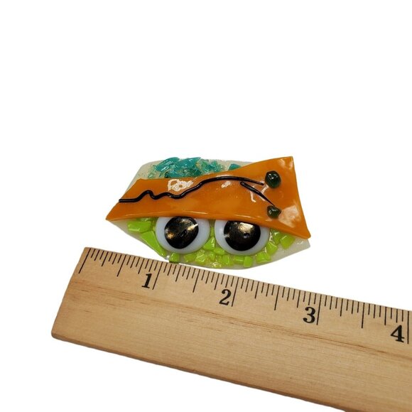 Fused Glass Art Brooch Pin Monster Big Eyes Sun Hat Blue Green Orange 2.5"x1.5" - Picture 6 of 8
